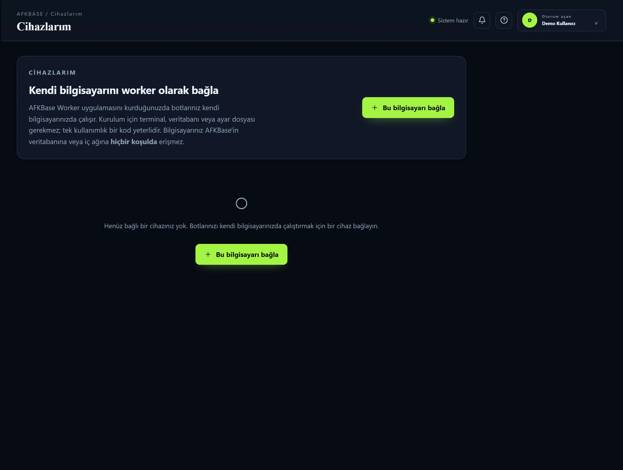 AFKBase paneli: Cihazlarım — eşleştirilmiş PC worker cihazları listesi